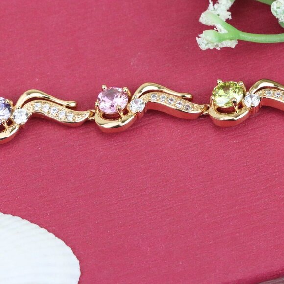 "Rose Gold Bracelet with Wavy Design and Pastel Gemstones, XPBL0817 - Picture 11 of 12